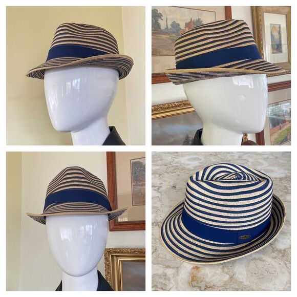 Papillon Panama Style Hat Blue and Straw Colored Stripes 100% Recycled - Picture 1 of 10